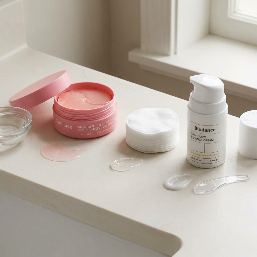 Scenari d'uso: crema viso, siero, pads e patch Biodance a confronto